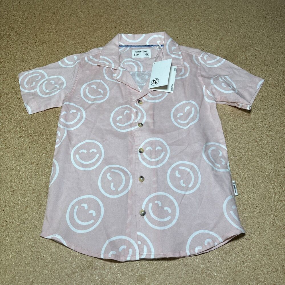 NWT Svrn Code Boys Pink Smile Pattern Short Sleeve Button Up Shirt Size S/8 B1